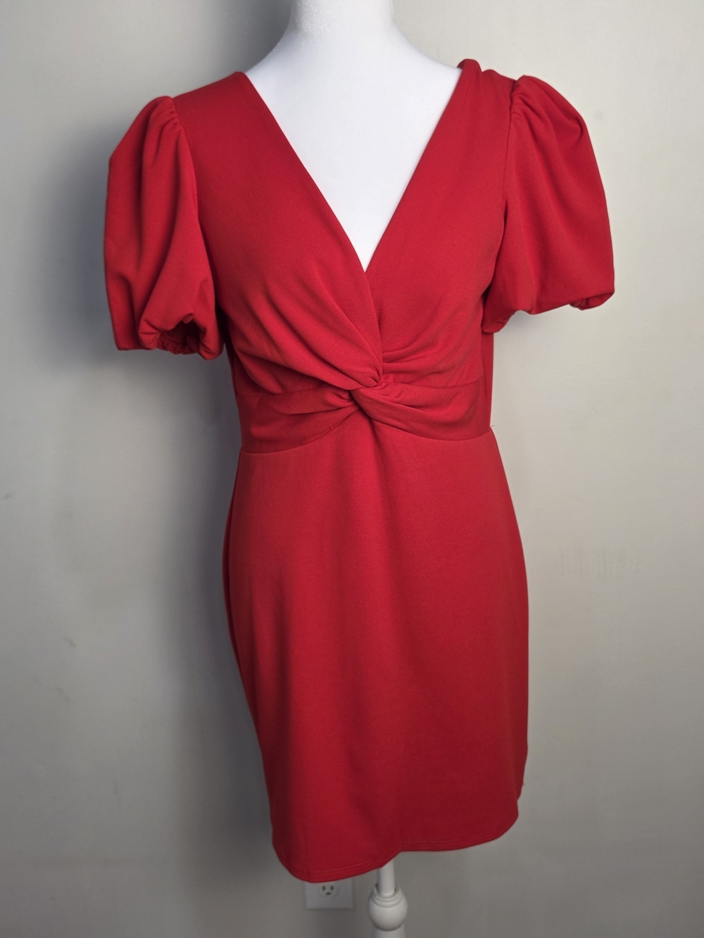Crystal Doll Red Twist-Knot V-Neck Puff Sleeve Midi Dress